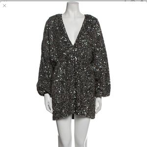 Retrofete Aubrielle Sequin Mini Dress M Silver/Charcoal Chiffon Puff Sleeve Mini